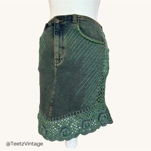 SOLD - Y2K BEADED CROCHET DENIM SKIRT
